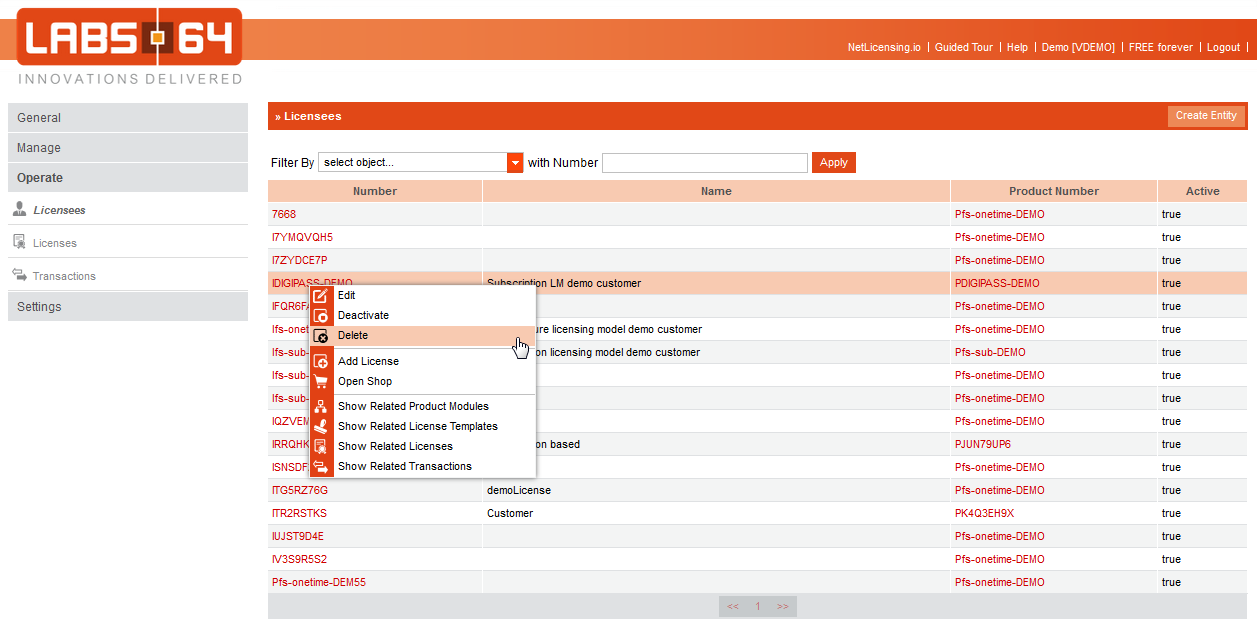 Operate - Delete Licensee